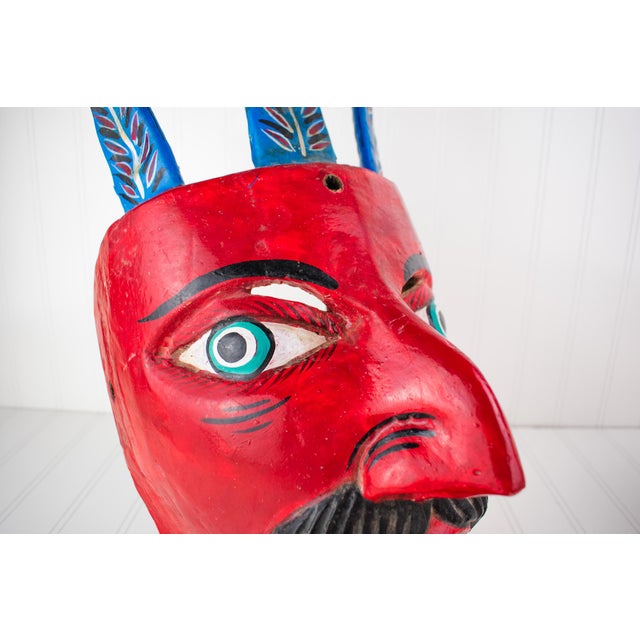 Large Vintage Hand Carved Red Diablo Costume Mask With Beard & Blue Feathers For Sale - Image 15 of 18