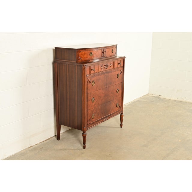 French Antique French Regency Louis XVI Burled Walnut Highboy Dresser by Simmons Furniture, Circa 1930s For Sale - Image 3 of 14