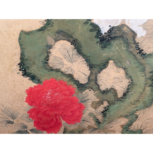 Japanese Vintage Japanese Byobu Four Panel Red Floral Gold Screen For Sale - Image 3 of 8