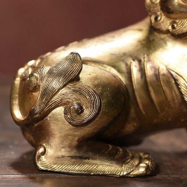 Bronze Pair of Gilt Bronze Guardian Lions – 4.3" Foo Dogs With Beaded Spine Detail For Sale - Image 8 of 9