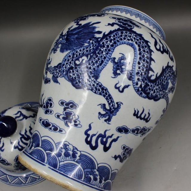 Ceramic Antique Chinese Ceramic Pot Qing Dynasty Kangxi Marked Blue and White Porcelain Ginger Jar Hand Painted Double Dragon Playing With Pearl Pattern For Sale - Image 7 of 9