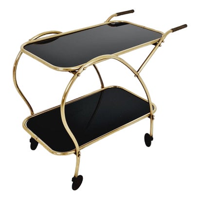 German Trolley in Brass & Black Glass, 1970s For Sale