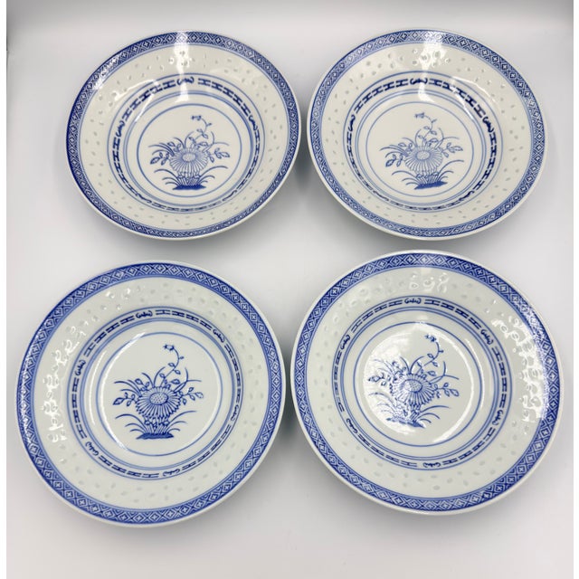 Ceramic Jingdezhen Rice Eye Grain 8" Rimmed Bowls Blue & White Chrysanthemum 4pc Set For Sale - Image 7 of 7