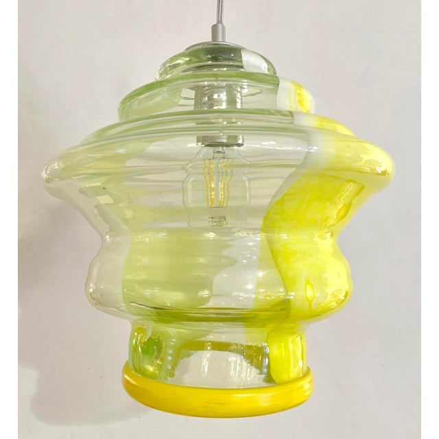 Bespoke Italian Organic Lemon Yellow White Step Tulip Murano Glass Pendant Light For Sale - Image 11 of 13