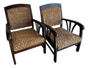 Set of Colonial Rattan Armchairs with Wooden Frame, Set of 2