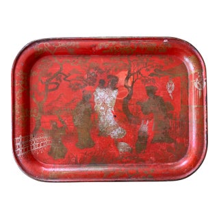 Antique Early 20th Century French Red Tole Tray With Chinoiserie Decoration For Sale