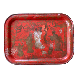 Antique Early 20th Century French Red Tole Tray With Chinoiserie Decoration
