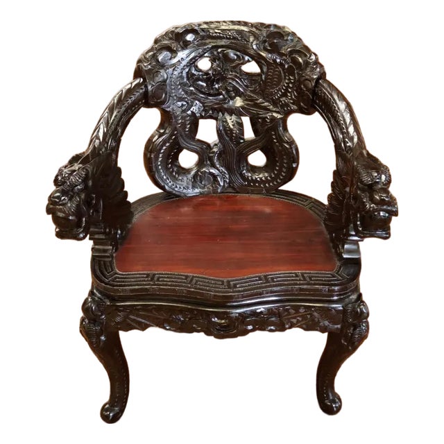 Antique Late 19th Century Meiji Japanese Dragon Carved Chair For Sale