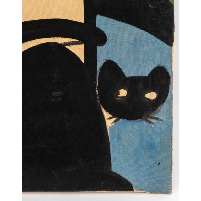 1960s Walter Gaudnek Black Cat Beneath Sun Oil on Canvas For Sale - Image 5 of 7