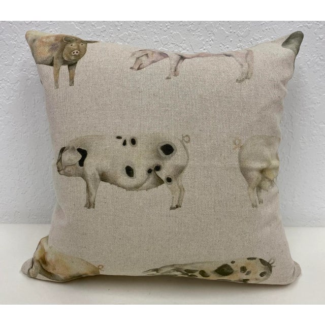 16" Square Pillow Adorned With Jovial Rustic Pigs of Various Sizes & Colors - Made in Uk For Sale - Image 10 of 10