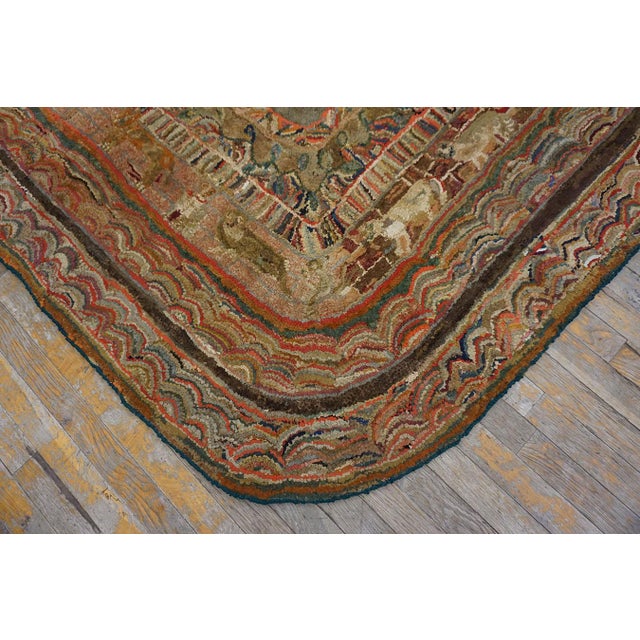 1890s Multicolor Floral Folk Art Antique American Hooked Rug 5' 8" X 8' 2" Wool Cotton Knotted Carpet For Sale In New York - Image 6 of 7