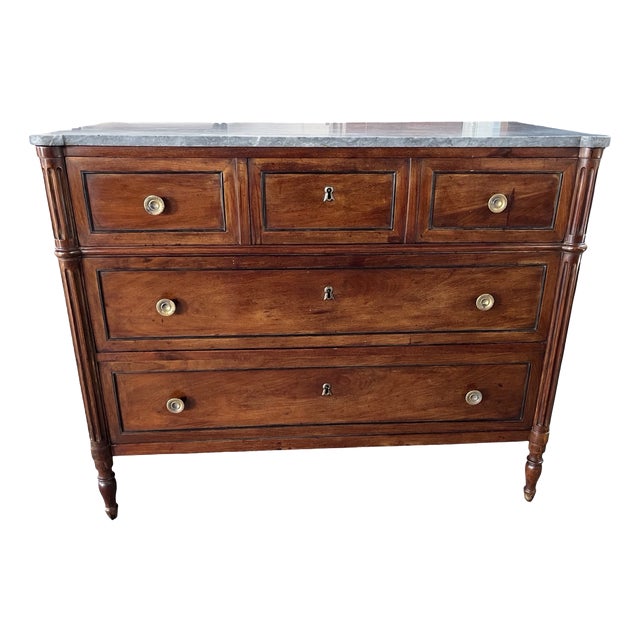 Antique Italian Louis XVI Commode in Walnut with Gray Marble For Sale