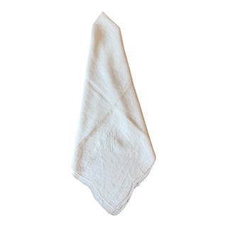 Vintage Linen Square Tablecloth Hand Stitched Monogram & Edging For Sale