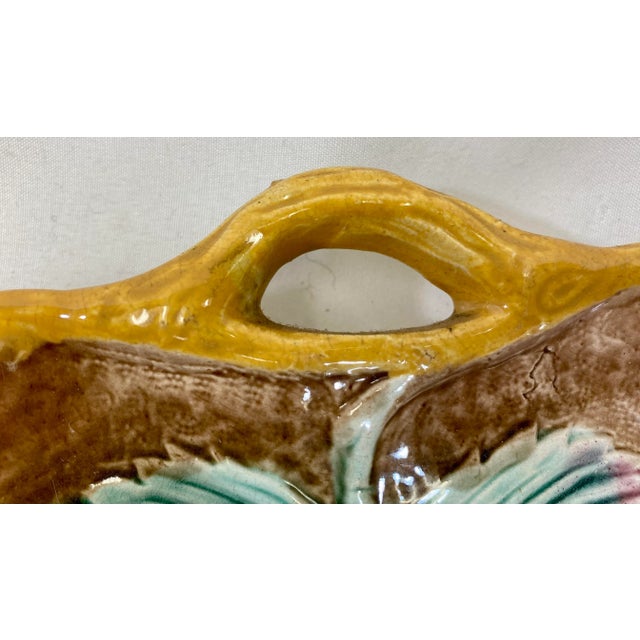 Majolica Antique Leaf Shaped Majolica Serving Dish /Plate Decorated With Strawberries & Foliage With Twig Handle - Circa 19th Century For Sale - Image 4 of 11