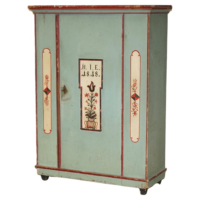 German Aqua Blue Hand Painted Marriage Wardrobe, 1818 For Sale