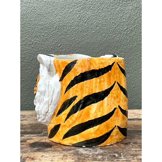 Vintage Italian Hand Painted Tiger Cache Pot For Sale In West Palm - Image 6 of 12