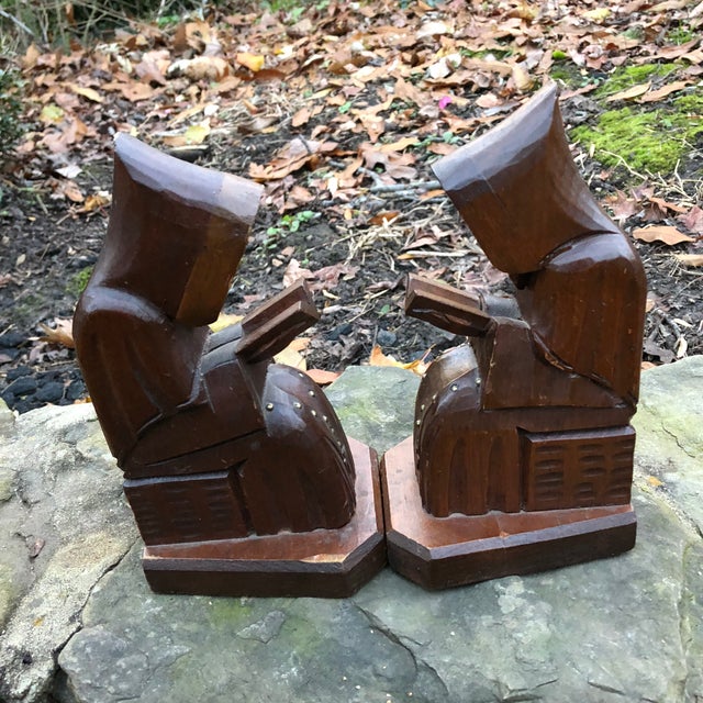 Vintage Mid Century Carved Wooden Monk Studded Rosary Bookends a Pair
