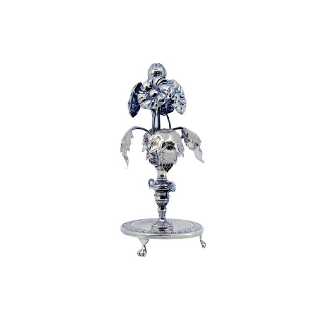 Circular Silver Toothpick Holder with Support Feet, Flower and Leaf Applications and Central Chalice For Sale - Image 11 of 11