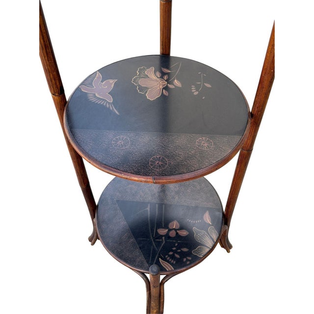 1970s Costal Three Tiered Dark Stained Rattan Shelf w East Asian Motif Tops For Sale In Los Angeles - Image 6 of 11
