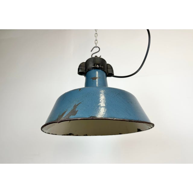 Blue Industrial Blue Enamel Factory Lamp with Cast Iron Top, 1960s For Sale - Image 8 of 16
