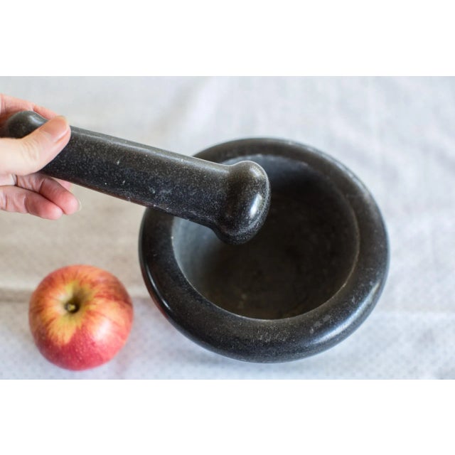 Farmhouse Vintage Honed Black Marble Stone Mortar & Pestle Set, 1990s For Sale - Image 3 of 4