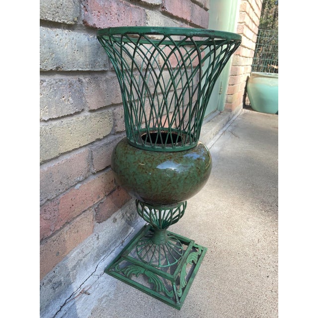 Vintage 1980s Wrought Iron and Ceramic Decorative Urn Planter Cachepot For Sale - Image 15 of 17