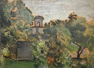 Circa 1930s Simka Simkhovitch WPA-Era Oil Painting of an American Modernist Landscape with Tower