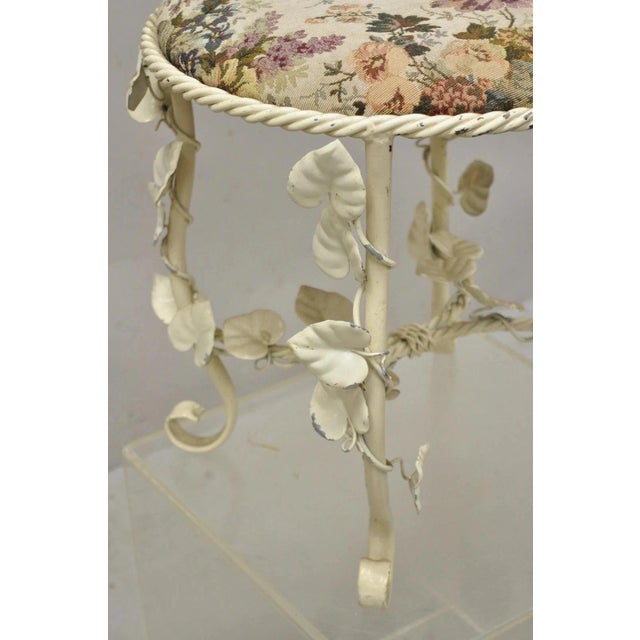 Vintage Italian Hollywood Regency White Metal Rope Floral Vanity Bench Stool For Sale - Image 11 of 11