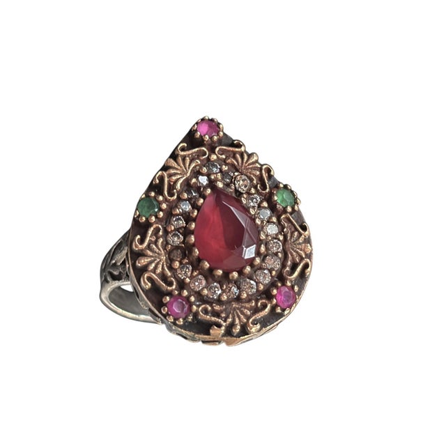 Metal Vintage Natural Ruby, Emerald and Diamond Ring - 925 Sterling Silver Size 7 For Sale - Image 7 of 9