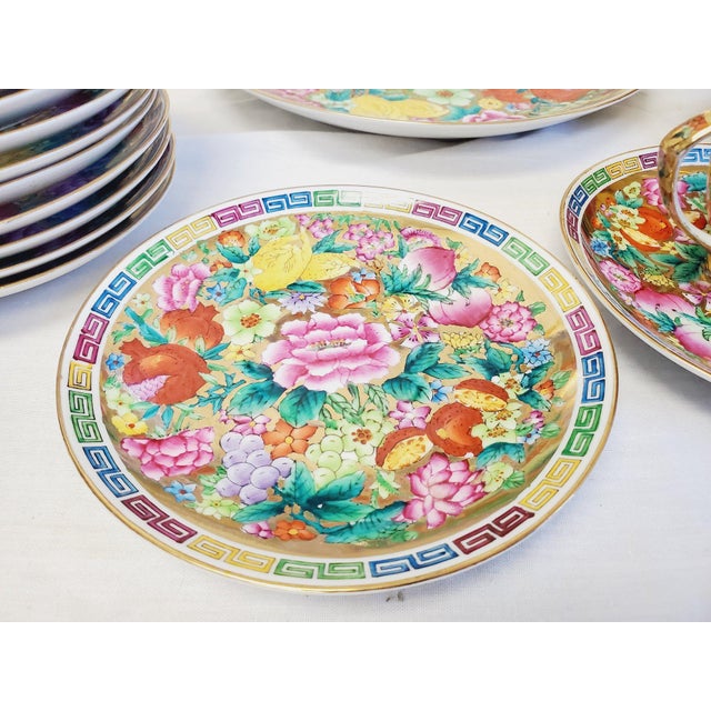 Gold Vintage Mid Century Chinese Millefleur Thousand Flowers Famille Rose Porcelain Tea Service - 28 Pieces For Sale - Image 8 of 10