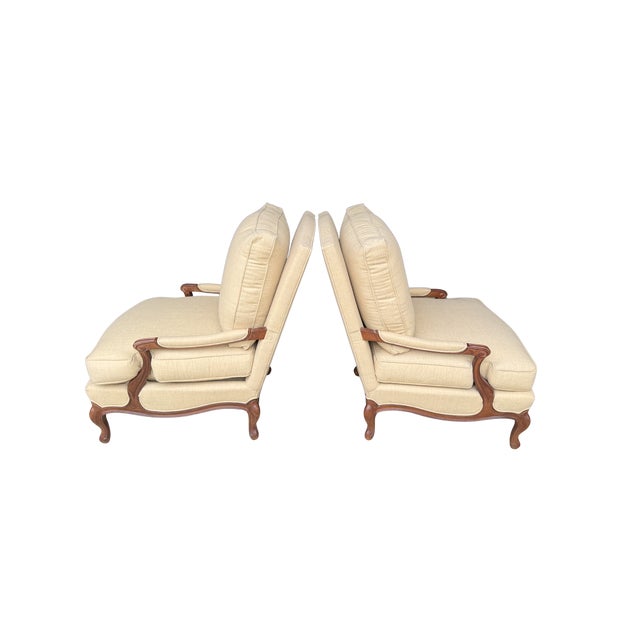 Wood Pair of Vintage Hickory Chair Louis XV Bergère Armchairs – French Provincial Upholstered Accent Chair With Carved Wood Frame For Sale - Image 7 of 16