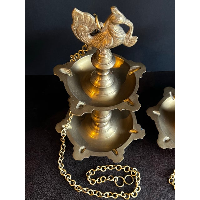 Early 21st Century Vintage Pair of Hanging Two Tiered Brass Peacock Diyas For Sale - Image 5 of 12
