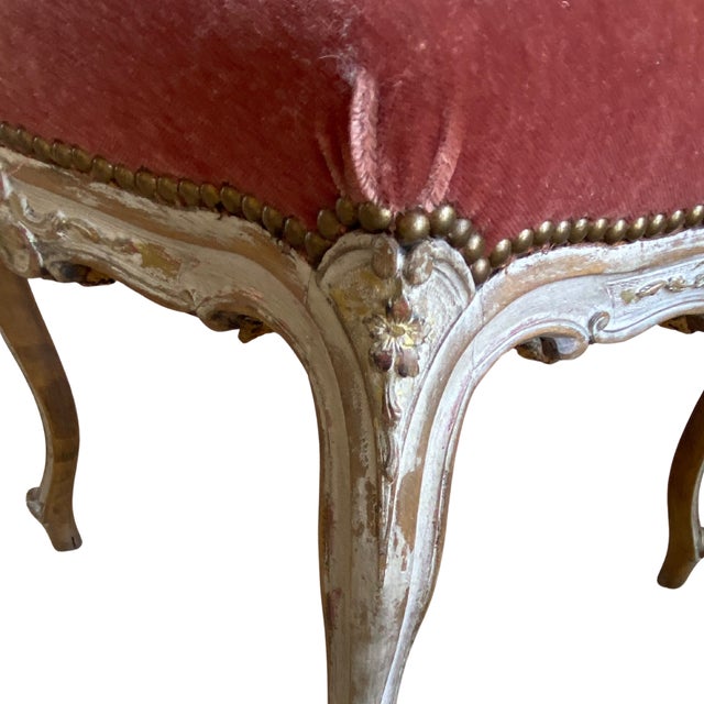 Pair of 19th Century French Provincial Mohair Footstools - Carved Serpentine Frames, Custom Finish and Dusty Rose Upholstery For Sale - Image 11 of 16
