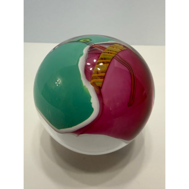 Contemporary Signed James R. Wilbat Jr Hand Blown Art Glass Paperweight Orb Sculpture 4” Colorful For Sale - Image 3 of 12