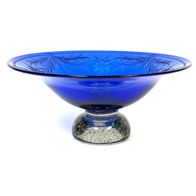 Pairpoint Cobalt Blue Engraved Floral Center Bowl Controlled Bubble Pedestal For Sale - Image 12 of 14