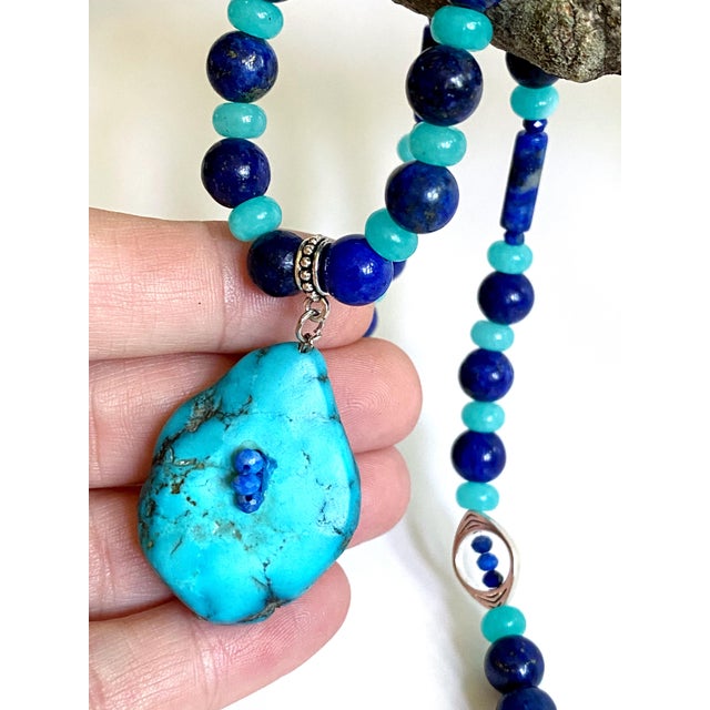 Artisan One-of-a-Kind Gemstone Necklace With Vintage Arizona Turquoise, Lapis Lazuli & Blue Chalcedony For Sale In New York - Image 6 of 18