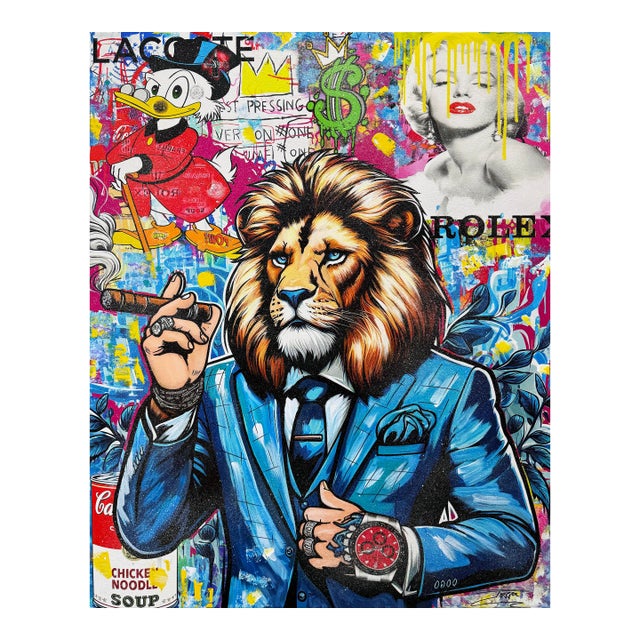 Jozza, Red Rolex!, Huge Original Painting With Diamond Dust, 60x48 Inches, Lion, 2026 For Sale