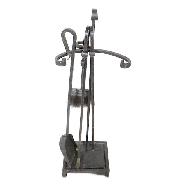 Vintage Five Piece Wrought Iron Fireplace Tool Set For Sale