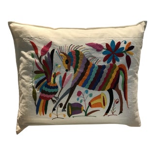 Multicolor Mexican Tenango Hand Embroidered Pillow Cover For Sale