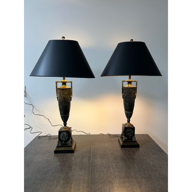 Pair of Green Bronze Urn Lamps With Patinated Finish. For Sale - Image 9 of 12