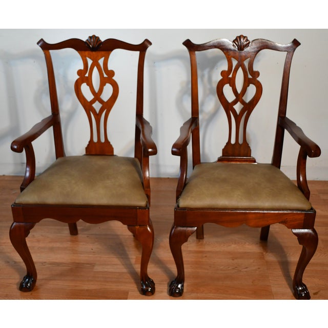 Chippendale 1920 Antique English Chippendale Solid Mahogany Set of Six Dining Chairs Leather Seats For Sale - Image 3 of 17