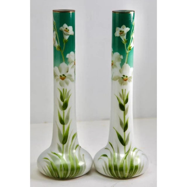 Art Nouveau Opaline glass Handmade and Hand Painted pair of vases, France, 1920s Handmade and hand-glazed in brilliant...