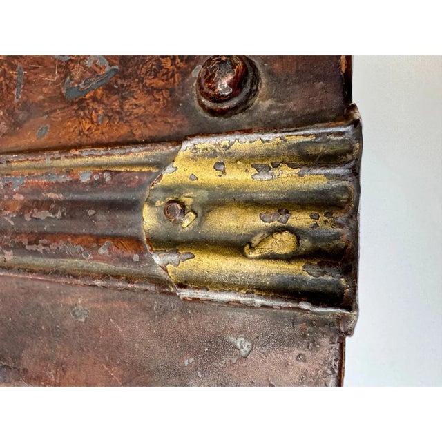 Antique Faux Bois Steel Steamer Trunk Chest Painted Wood Grain Blue Interior 23” For Sale - Image 9 of 16