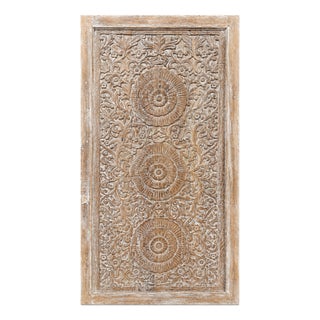 Whitewashed Hand-Carved Mandala Door – Vintage Indian Lotus Motif Double-Sided Carved Entry Door 85x41.5 For Sale
