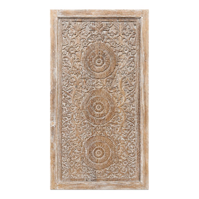 Whitewashed Hand-Carved Mandala Door – Vintage Indian Lotus Motif Double-Sided Carved Entry Door 85x41.5 For Sale