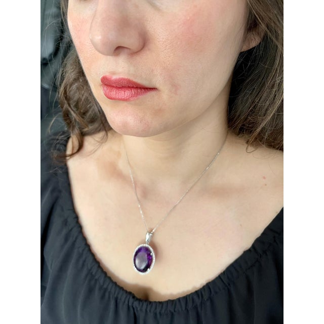 Amethyst 68 Carat Amethyst & 2.2 ct Diamond Pendant Necklace 14 Karat White Gold + Chain For Sale - Image 8 of 18