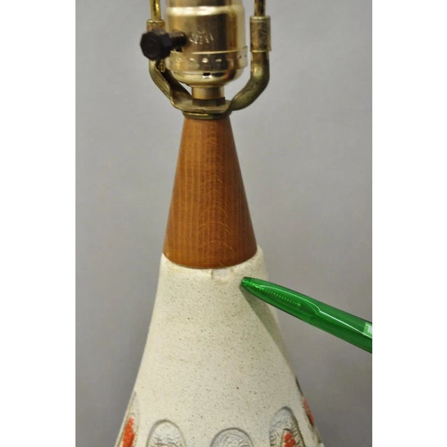 Vintage Mid Century Modern Ceramic Pottery Sculpted Teak Wood Table Lamps - Pair For Sale - Image 9 of 12