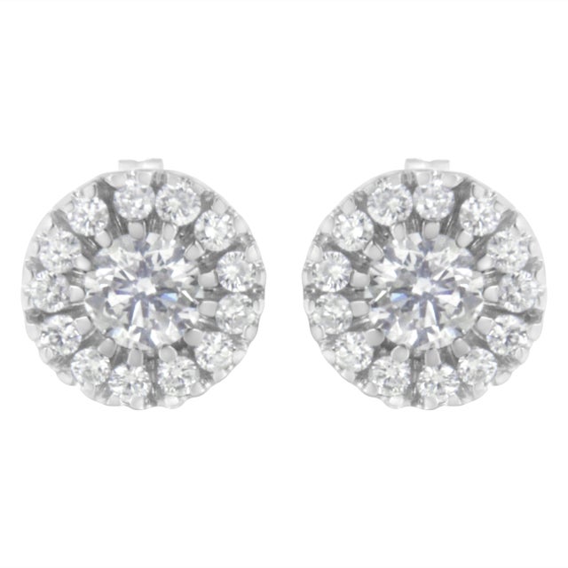 Contemporary 14k White Gold 1 cttw Diamond Halo Stud Earrings (I-J Clarity, I1-I2 Color) For Sale - Image 3 of 6