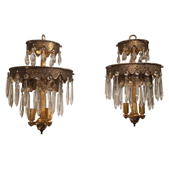 Glitzy Etched Metal and Crystal Pendant Chandeliers - a Pair For Sale - Image 13 of 13