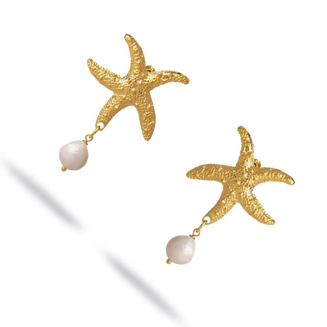 Contemporary Ocean Spirit Starfish Pearl Gold Earrings, A Pair For Sale - Image 3 of 6